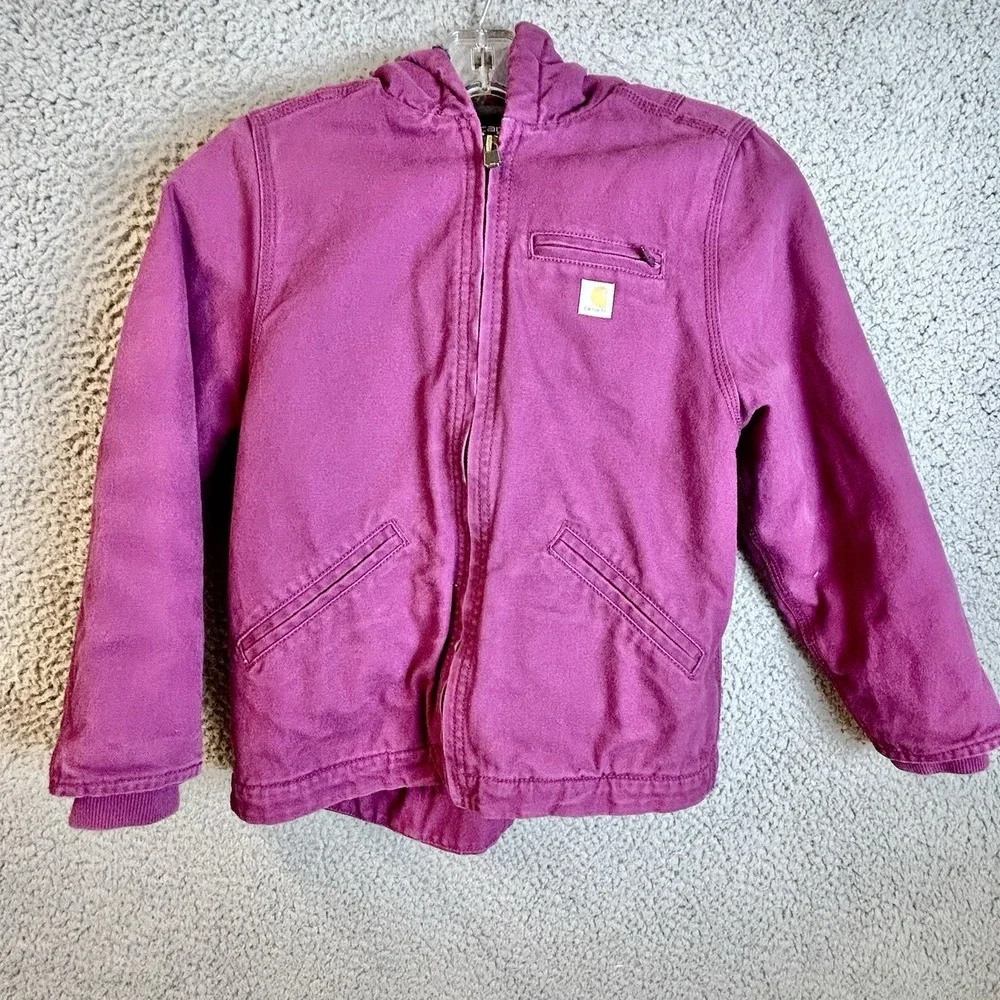 Carhartt Sherpa-Lined Duck Canvas Hooded Jacket Plum Youth Size S/P 7-8